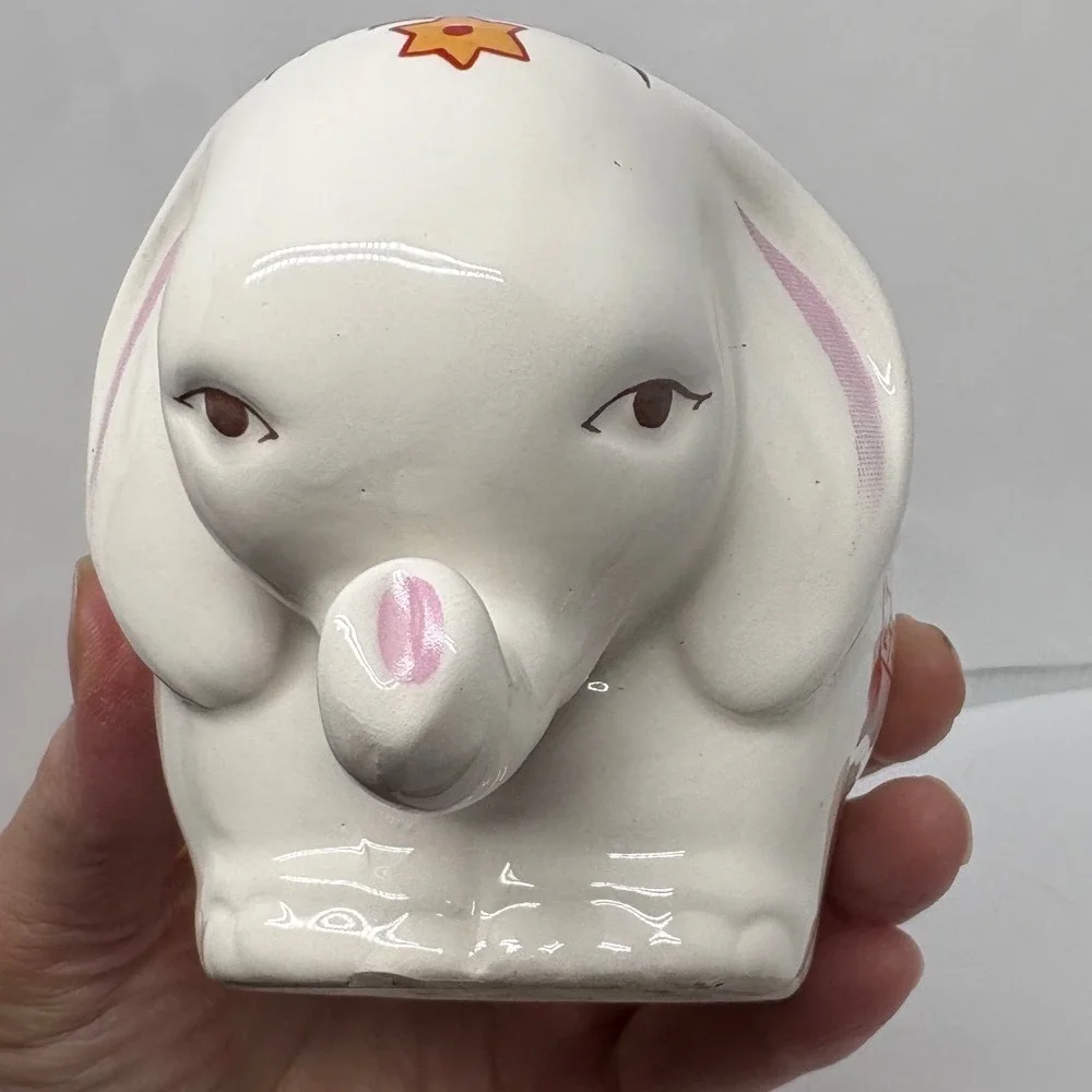 Prestige Place Ceramic Elephant Figurine White Floral Greek Key Border 4 Inch